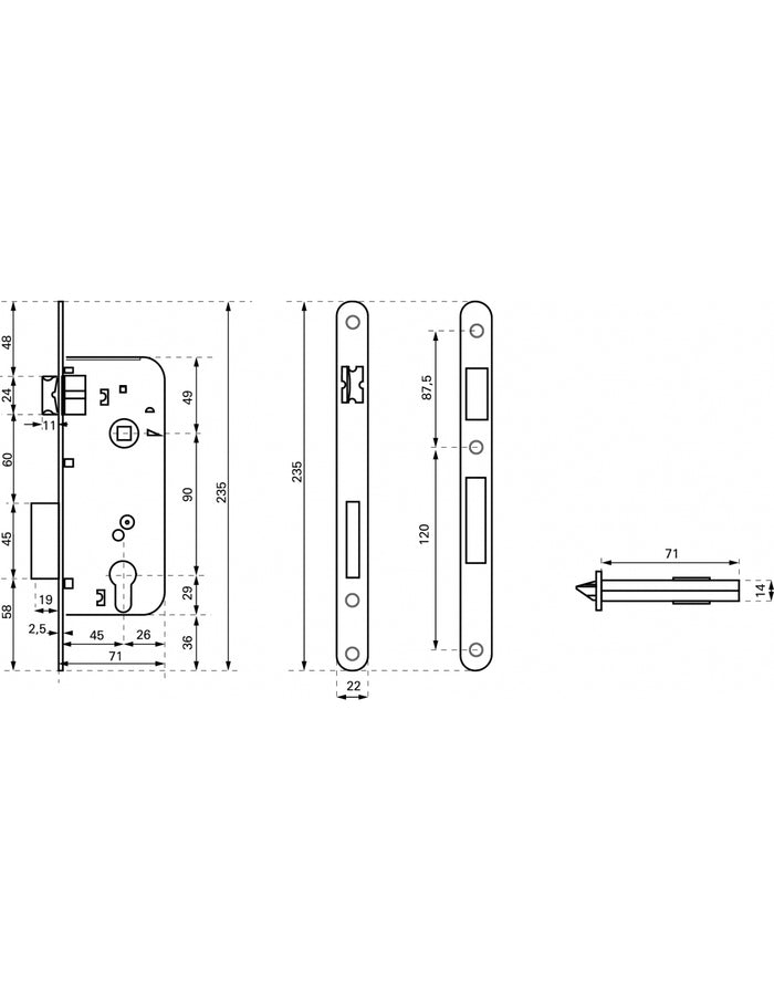 Serratura da incasso a cilindro europeo 90mm x 45mm, doppia mandata, reversibile, piastra tonda, richiamo 1/2 giro, cromo opaco - THIRARD