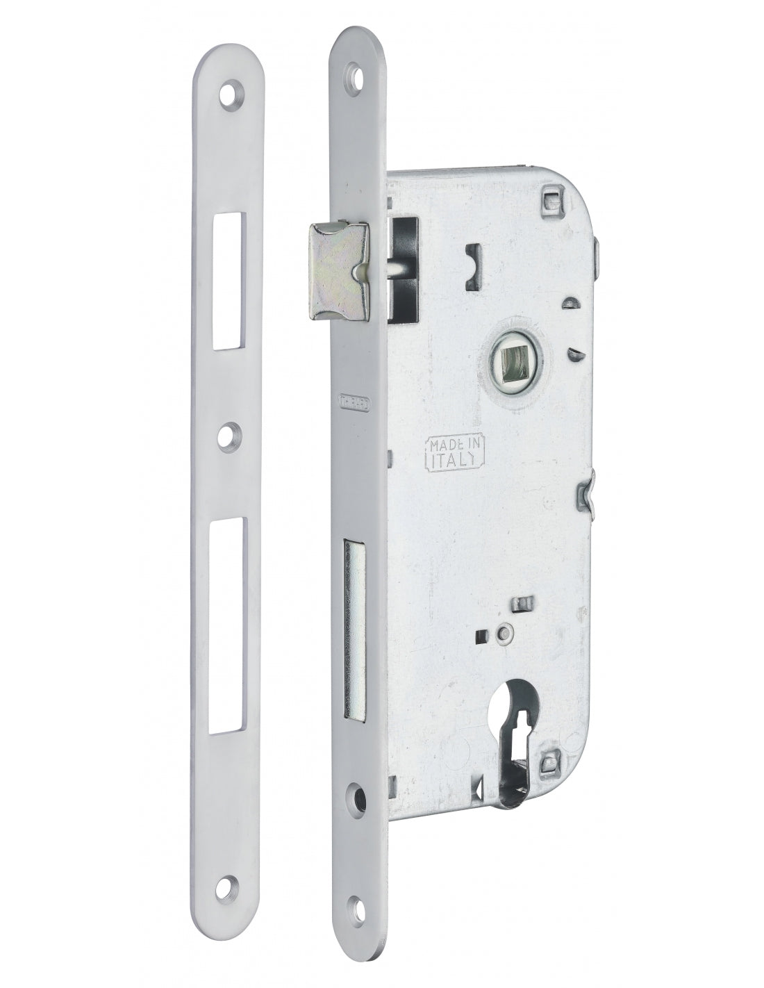 Serratura da incasso a cilindro europeo 90mm x 45mm, doppia mandata, reversibile, piastra tonda, richiamo 1/2 giro, cromo opaco - THIRARD