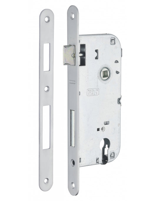 Serratura da incasso a cilindro europeo 90mm x 45mm, doppia mandata, reversibile, piastra tonda, richiamo 1/2 giro, cromo opaco - THIRARD