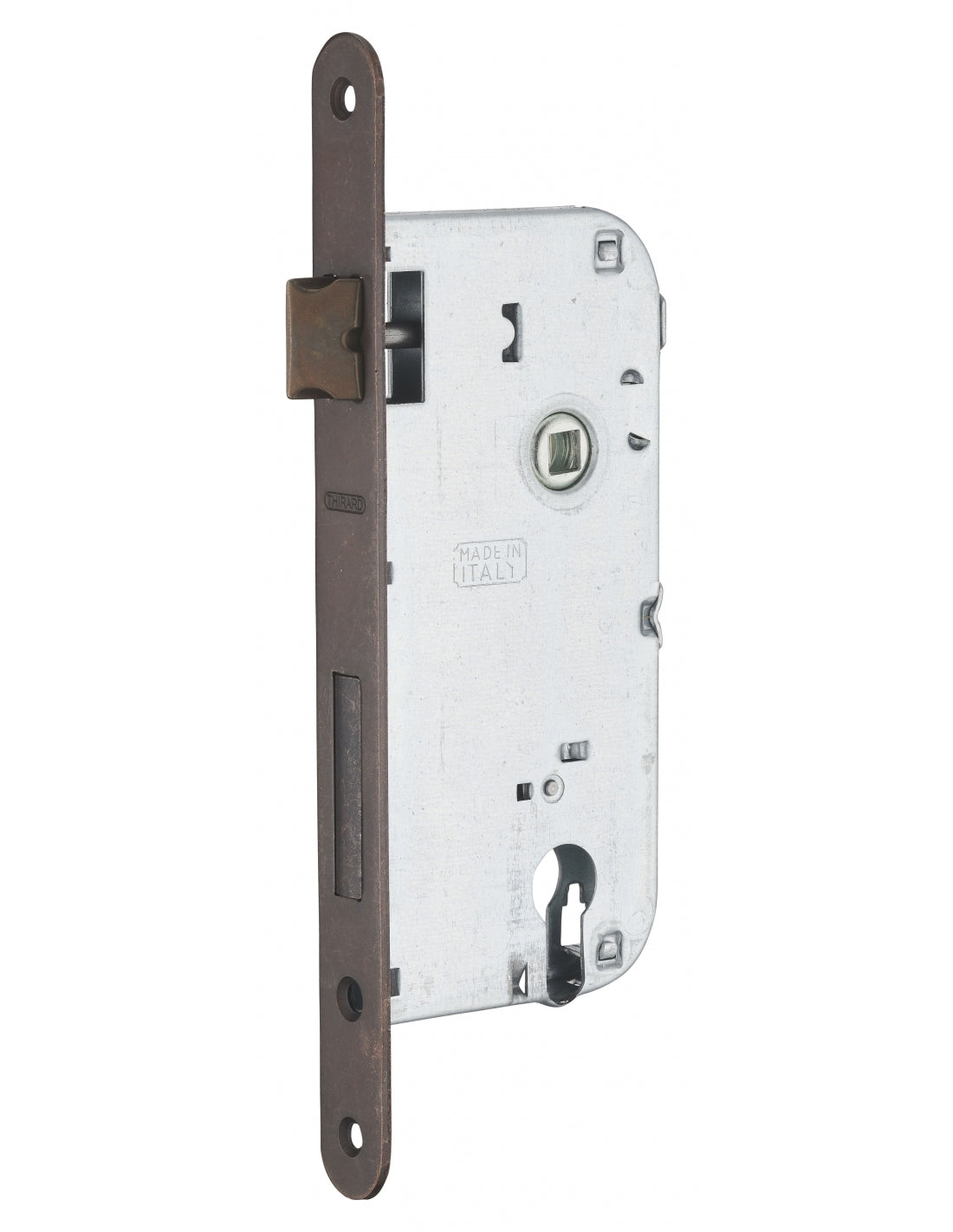 Serratura da incasso a cilindro europeo 90mm x 50mm, doppia mandata, reversibile, piastra tonda, richiamo 1/2 giro, bronzo - THIRARD