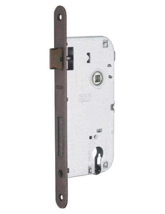 Serratura da incasso a cilindro europeo 90mm x 50mm, doppia mandata, reversibile, piastra tonda, richiamo 1/2 giro, bronzo - THIRARD