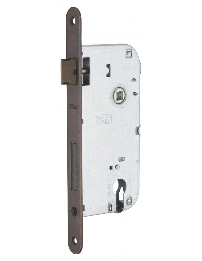 Serratura da incasso a cilindro europeo 90mm x 50mm, doppia mandata, reversibile, piastra tonda, richiamo 1/2 giro, bronzo - THIRARD