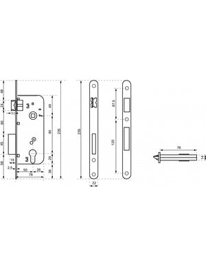 Serratura da incasso a cilindro europeo 90mm x 50mm, doppia mandata, reversibile, piastra tonda, richiamo 1/2 giro, bronzo - THIRARD