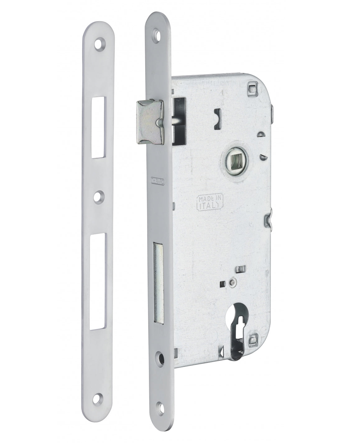 Serratura da incasso a cilindro europeo 90mm x 50mm, doppia mandata, reversibile, piastra tonda, richiamo 1/2 giro, cromo opaco - THIRARD