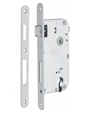 Serratura da incasso a cilindro europeo 90mm x 50mm, doppia mandata, reversibile, piastra tonda, richiamo 1/2 giro, cromo opaco - THIRARD