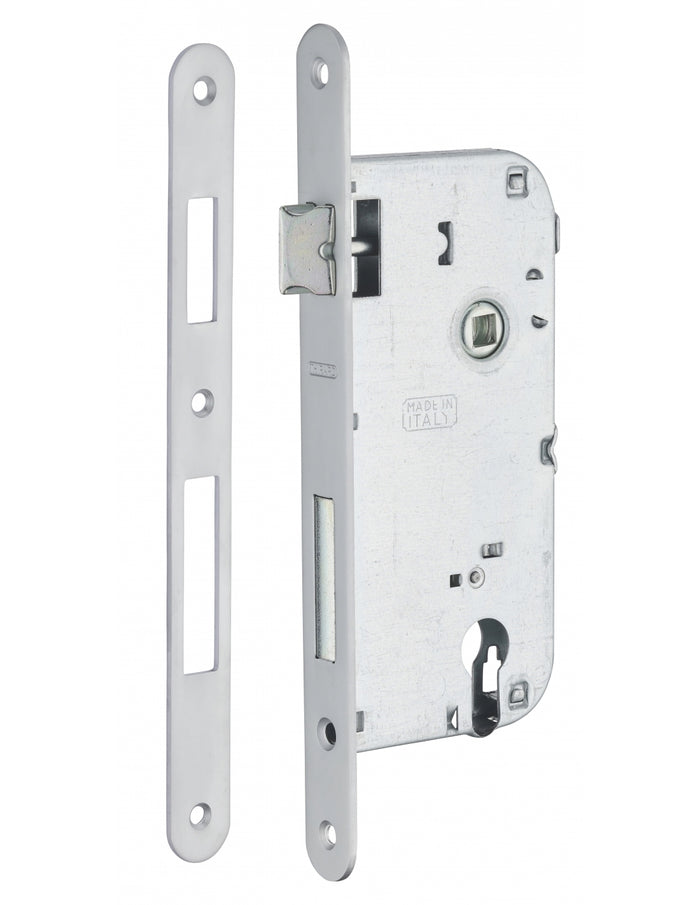 Serratura da incasso a cilindro europeo 90mm x 50mm, doppia mandata, reversibile, piastra tonda, richiamo 1/2 giro, cromo opaco - THIRARD