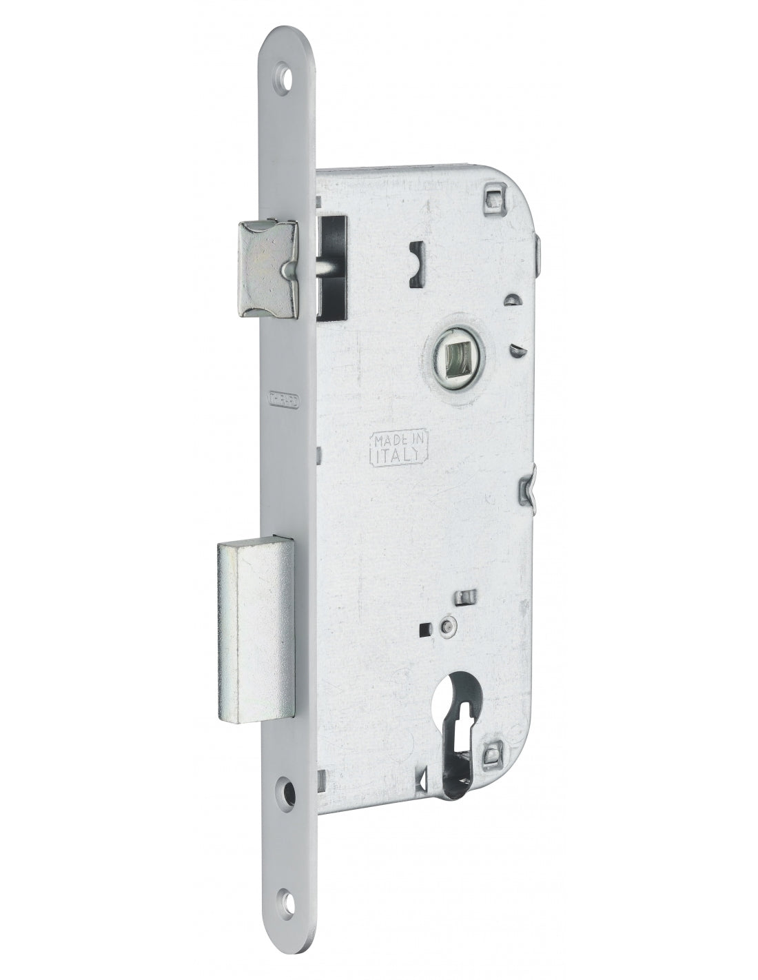 Serratura da incasso a cilindro europeo 90mm x 50mm, doppia mandata, reversibile, piastra tonda, richiamo 1/2 giro, cromo opaco - THIRARD