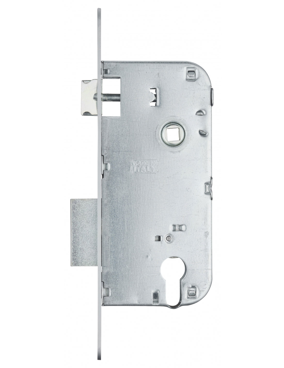 Serratura da incasso a cilindro europeo 90mm x 50mm, doppia mandata, reversibile, piastra tonda, richiamo 1/2 giro, cromo opaco - THIRARD