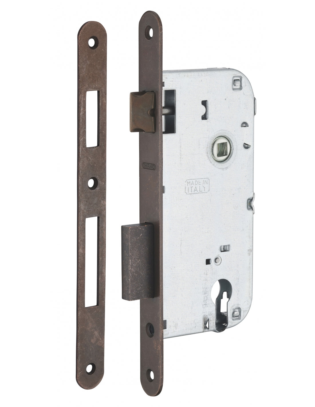 Serratura da incasso a cilindro europeo 90mm x 50mm, doppia mandata, reversibile, piastra tonda, richiamo 1/2 giro, bronzo - THIRARD