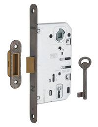 Serratura Patent da incasso 90mm x 50mm, reversibile, piastra tonda, richiamo 1/2 giro, 1 chiave, bronzo - THIRARD