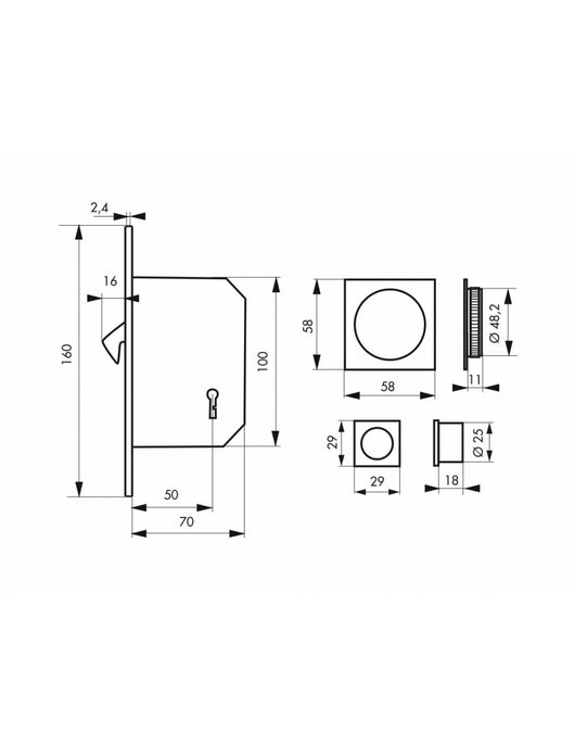 Serratura da incasso per porta scorrevole con chiave e nottolino a gancio, maniglia quadrata, nichel - THIRARD