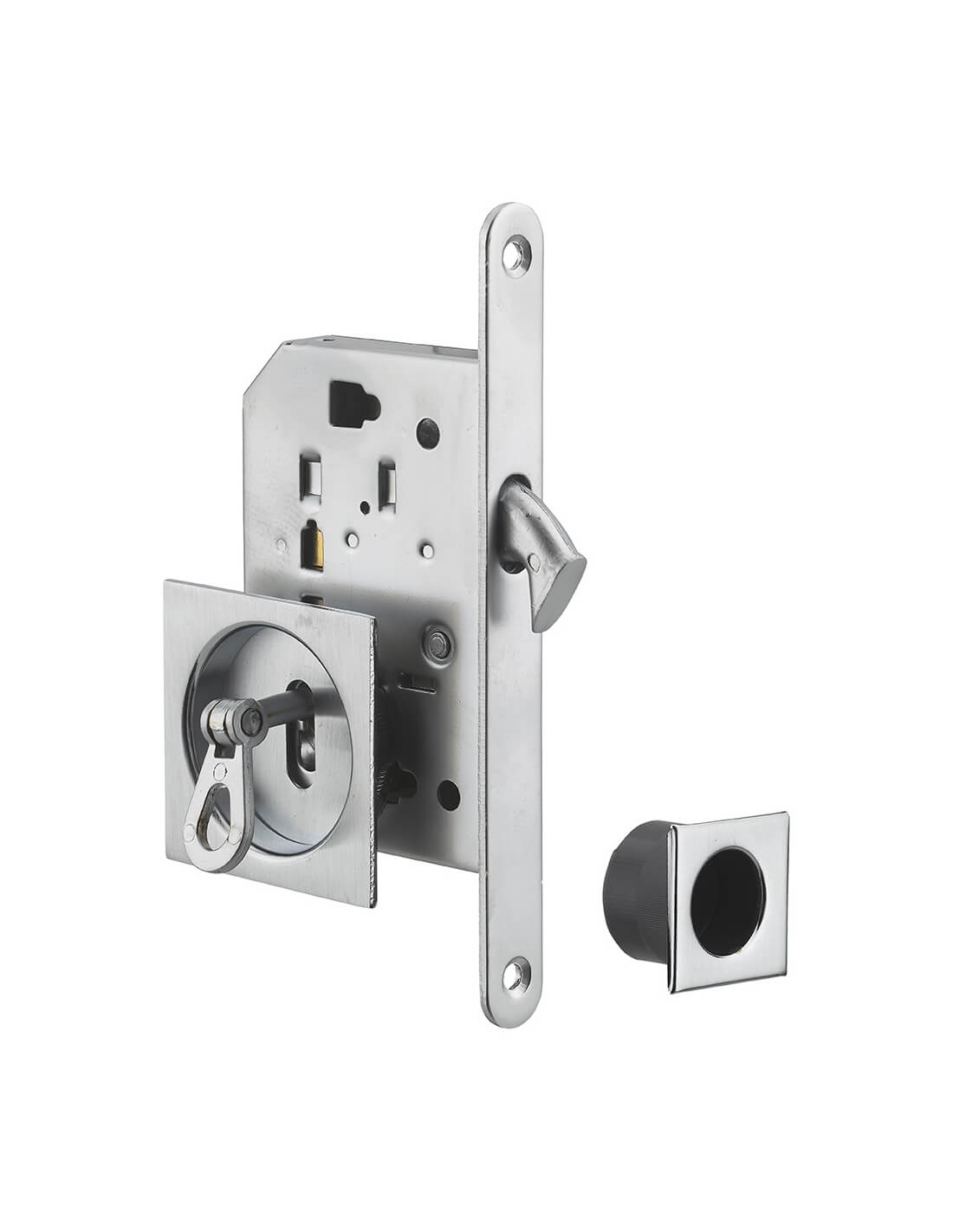 Serratura da incasso per porta scorrevole con chiave e nottolino a gancio, maniglia quadrata, nichel - THIRARD