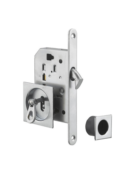 Serratura da incasso per porta scorrevole con chiave e nottolino a gancio, maniglia quadrata, nichel - THIRARD