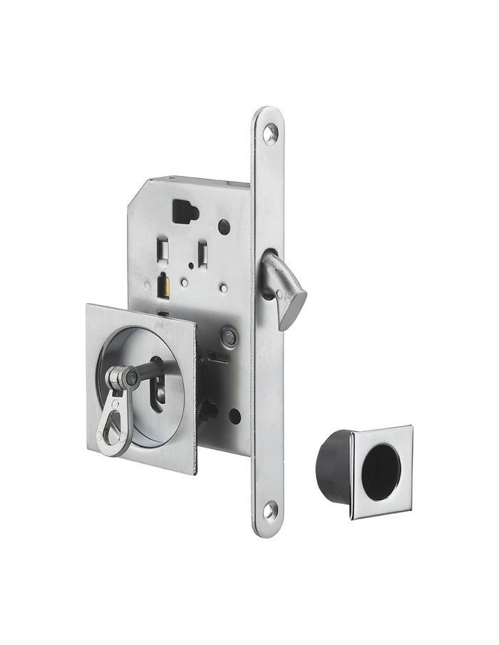 Serratura da incasso per porta scorrevole con chiave e nottolino a gancio, maniglia quadrata, nichel - THIRARD