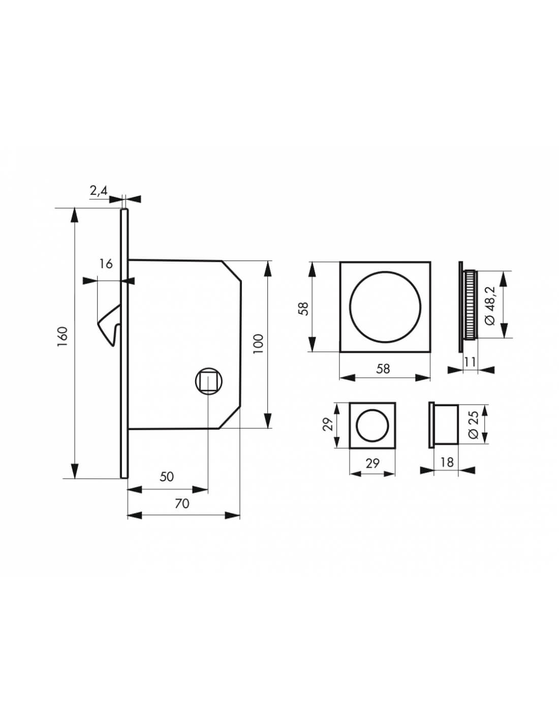 Serratura da incasso per porta scorrevole con  nottolino a gancio, maniglia quadrata, nichel - THIRARD