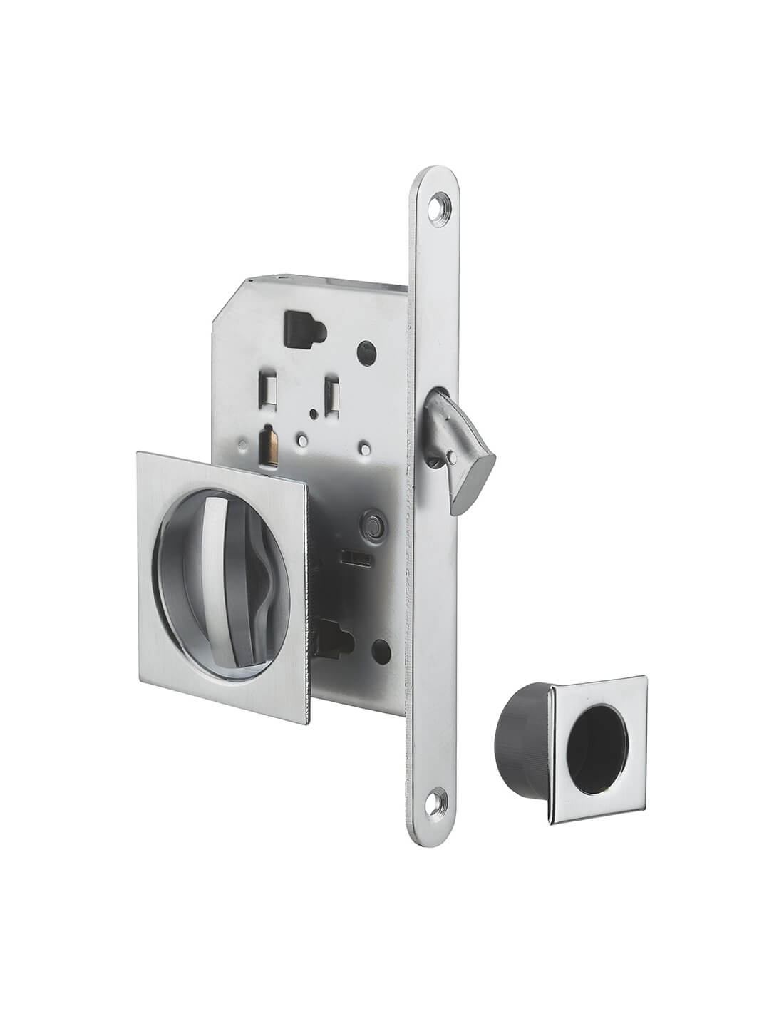 Serratura da incasso per porta scorrevole con  nottolino a gancio, maniglia quadrata, nichel - THIRARD