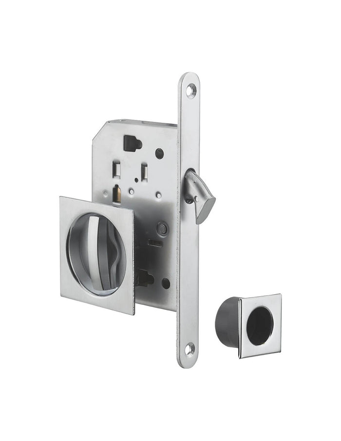 Serratura da incasso per porta scorrevole con  nottolino a gancio, maniglia quadrata, nichel - THIRARD