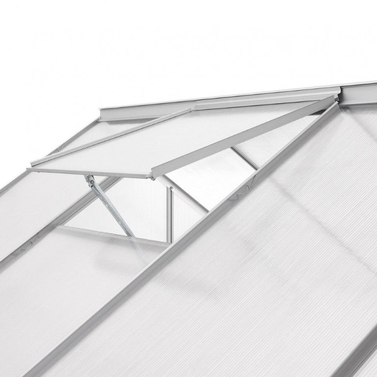 Serra "Obelix" struttura in alluminio e policarbonato alveolare da 6mm. Base inclusa. Dimensioni 250 x 190 cm