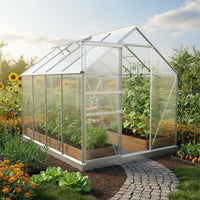 Serra "Obelix" struttura in alluminio e policarbonato alveolare da 6mm. Base inclusa. Dimensioni 250 x 190 cm