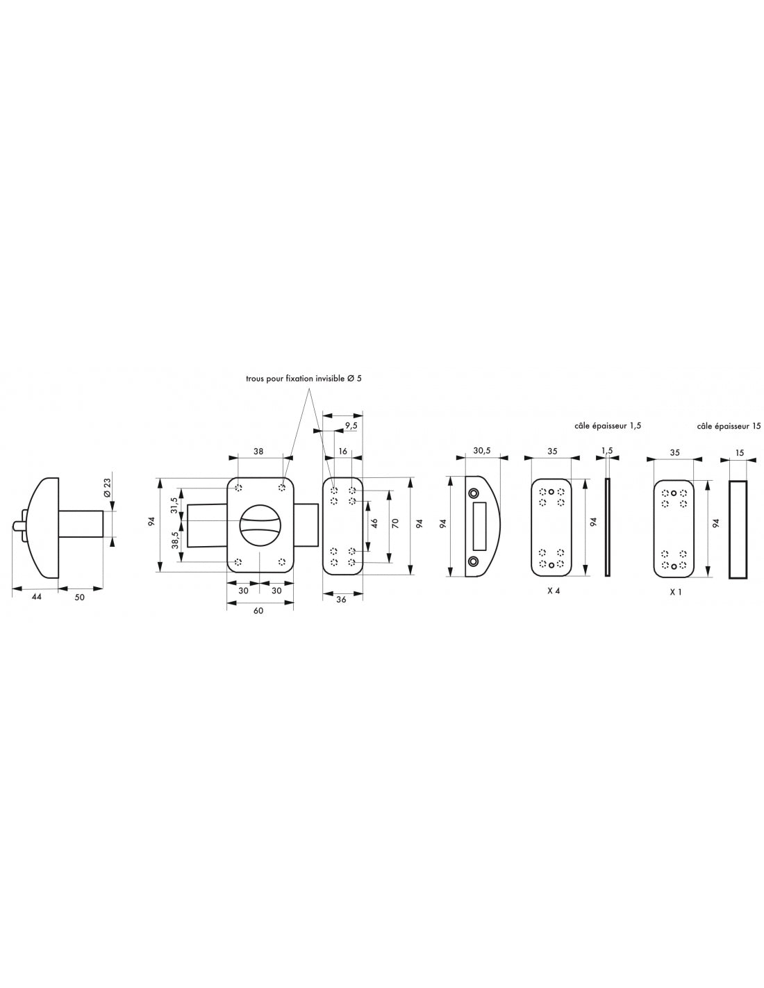 Serratura da applicare a chiavistello, con pomolo, Design 5 per porta d'ingresso, cilindro 50mm, acciaio, 3 chiavi, bianco - THIRARD