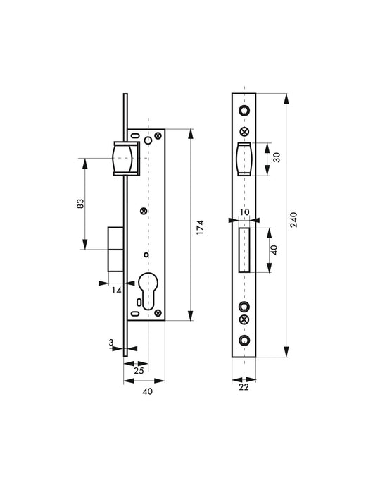 Serratura da incasso a cilindro europeo per infissi in metallo, a rullo, asse 25mm, piastra quadra, zincato - THIRARD