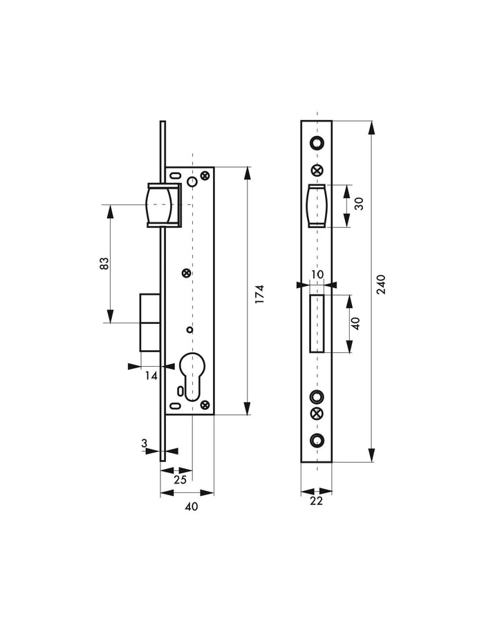 Serratura da incasso a cilindro europeo per infissi in metallo, a rullo, asse 25mm, piastra quadra, zincato - THIRARD
