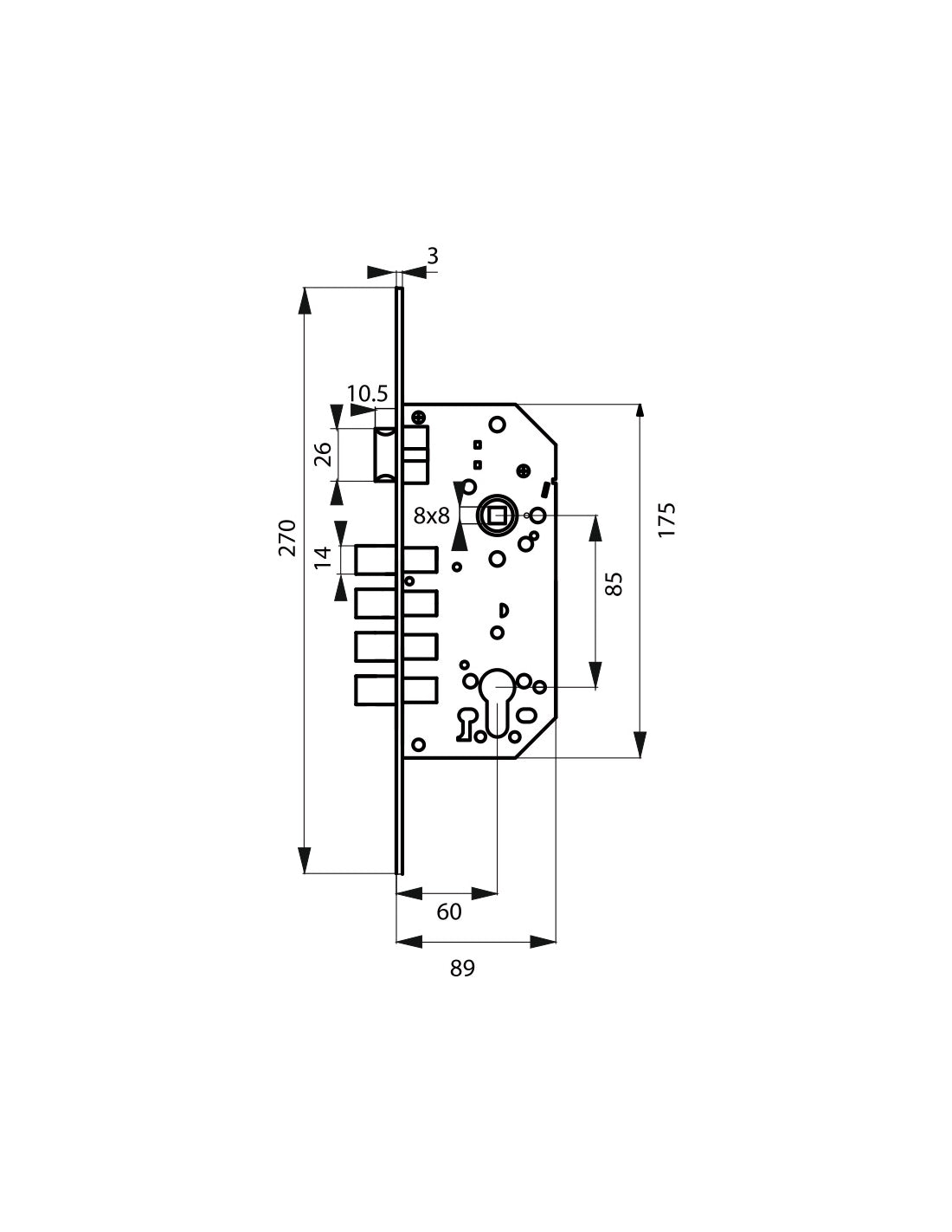 Serratura da incasso a cilindro europeo europeo, asse 60x85mm con borchia, oro - THIRARD