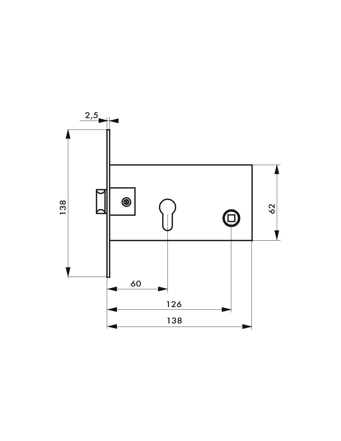 Serratura a cilindro per porta d'ingresso, asse 60mm, estremità quadrate, nichelato - THIRARD