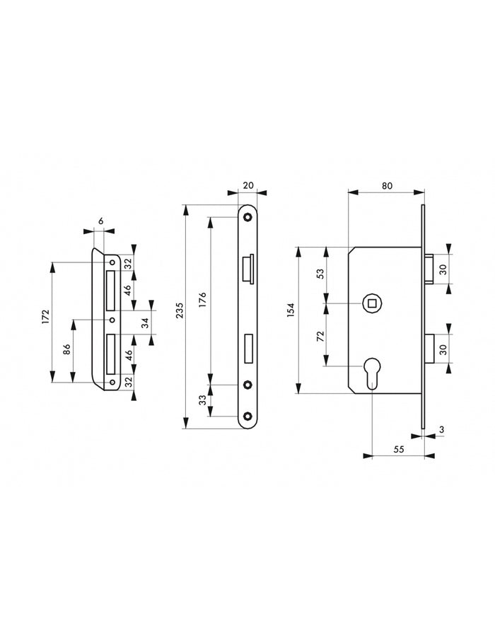 Serratura da incasso a cilindro europeo per porta d'ingresso, destra, asse 55mm, estremità rotonde - THIRARD