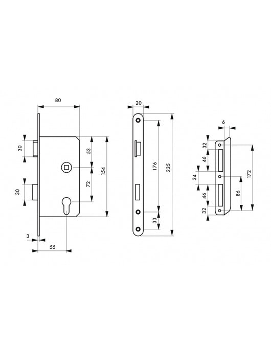 Serratura da incasso a cilindro europeo per porta d'ingresso, sinistra, asse 55mm, estremità rotonde - THIRARD