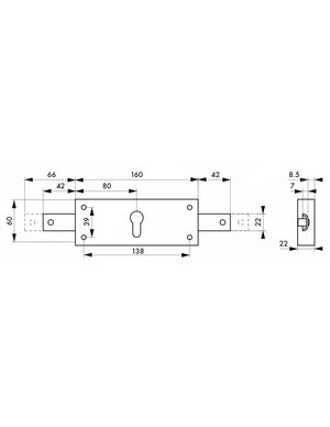 Serratura a cilindro per saracinesca in metallo, 2 catenacci laterali, asse 80mm, 160x60mm, zincato - THIRARD