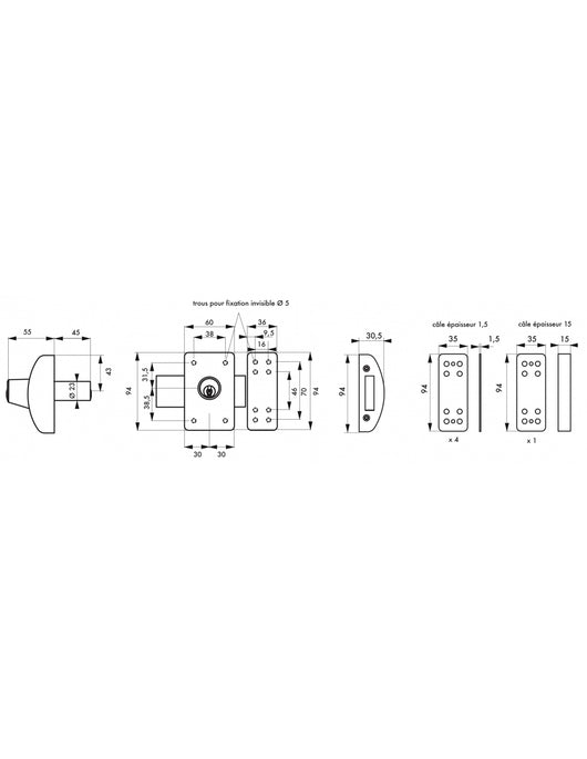 Serratura da applicare, doppia entrata chiave Design 5, cilindro 45mm, acciaio, 3 chiavi, argento - THIRARD