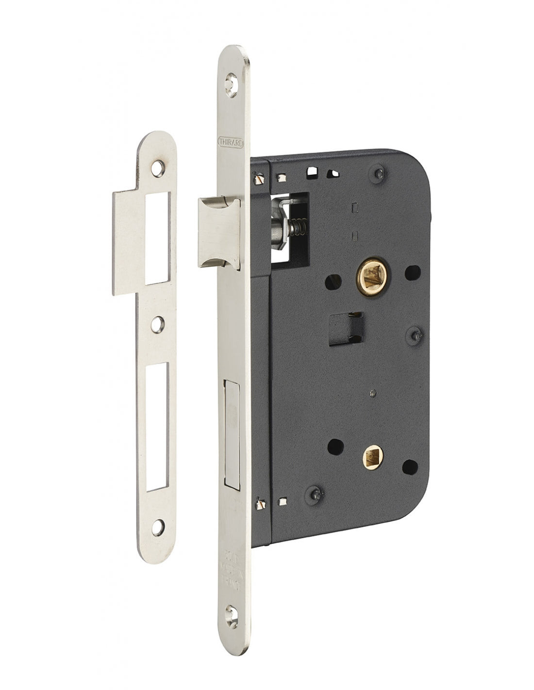 Serratura da incasso per bagno e toilette, asse da 60 mm, piastra tonda, nichelato - THIRARD