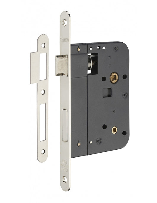 Serratura da incasso per bagno e WC, asse da 80 mm, estremità arrotondate, nichelato - THIRARD