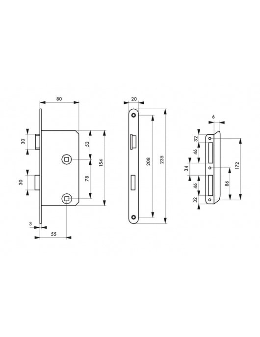 Serratura da incasso per bagno e WC, sinistra, asse da 55 mm, estremità  arrotondate - THIRARD
