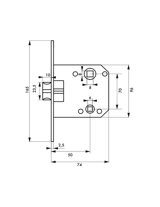 Serratura per WC da incasso, asse 50mm x 70mm, piastra frontale in acciaio con estremità rotonde - Thirard
