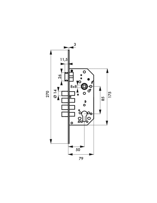 Serratura da incasso a cilindro europeo europeo, asse 50x85mm con borchia, oro - THIRARD