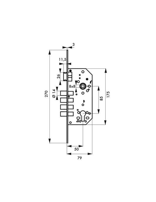 Serratura da incasso a cilindro europeo europeo, asse 50x85mm con defender, oro - THIRARD