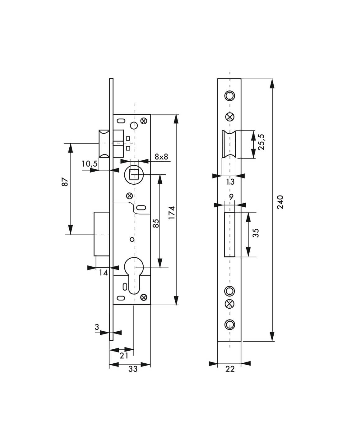 Serratura da incasso a cilindro europeo per infissi in metallo, asse 20mm, piastra quadra, zincato - THIRARD