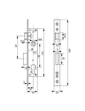 Serratura da incasso a cilindro europeo per infissi in metallo, asse 20mm, piastra quadra, zincato - THIRARD