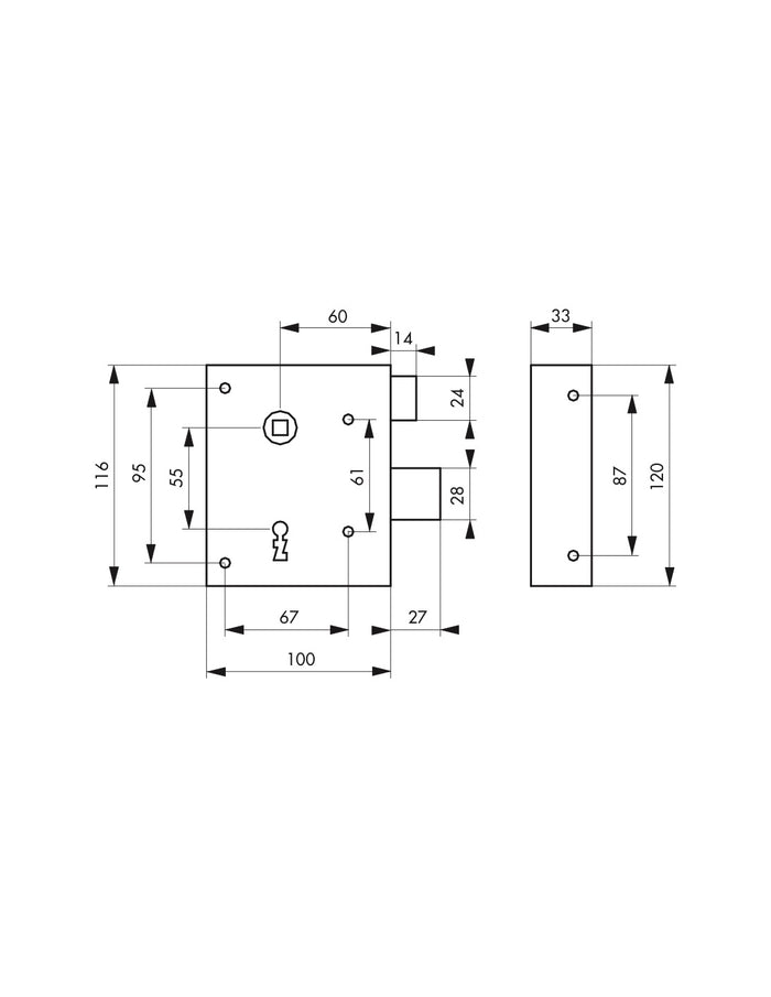 Serratura da applicare Alsace con chiave per porte interne, destra, quadro 8mm, asse 60mm, 110x70mm, 2 chiavi - THIRARD