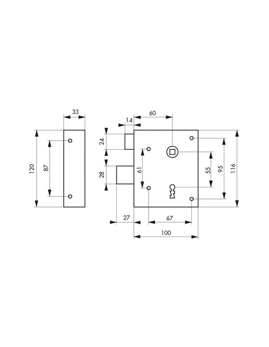 Serratura da applicare Alsace con chiave per porte interne, spinta a sinistra, quadro 8mm, asse 60mm, 110x70mm, 2 chiavi - THIRARD