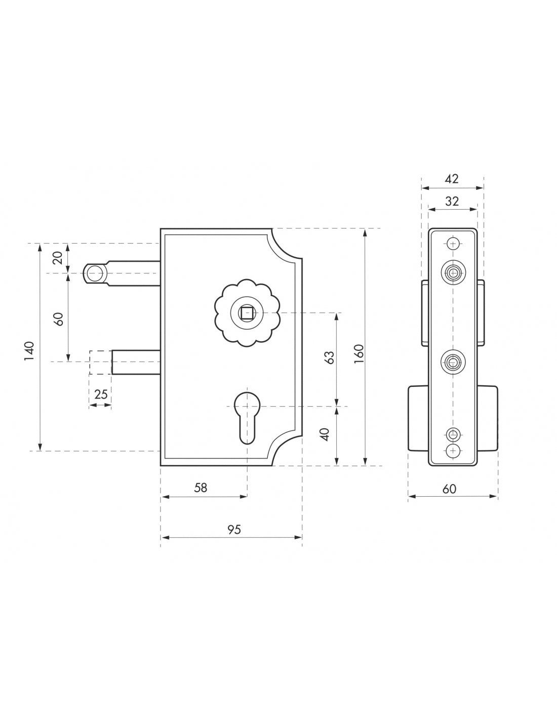 Serratura per cancello, montaggio laterale, reversibile, asse 58mm, 95x140mm, nero rustico - THIRARD