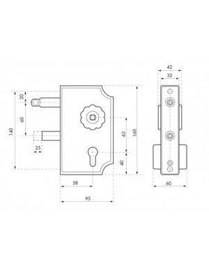 Serratura per cancello, montaggio laterale, reversibile, asse 58mm, 95x140mm, nero rustico - THIRARD