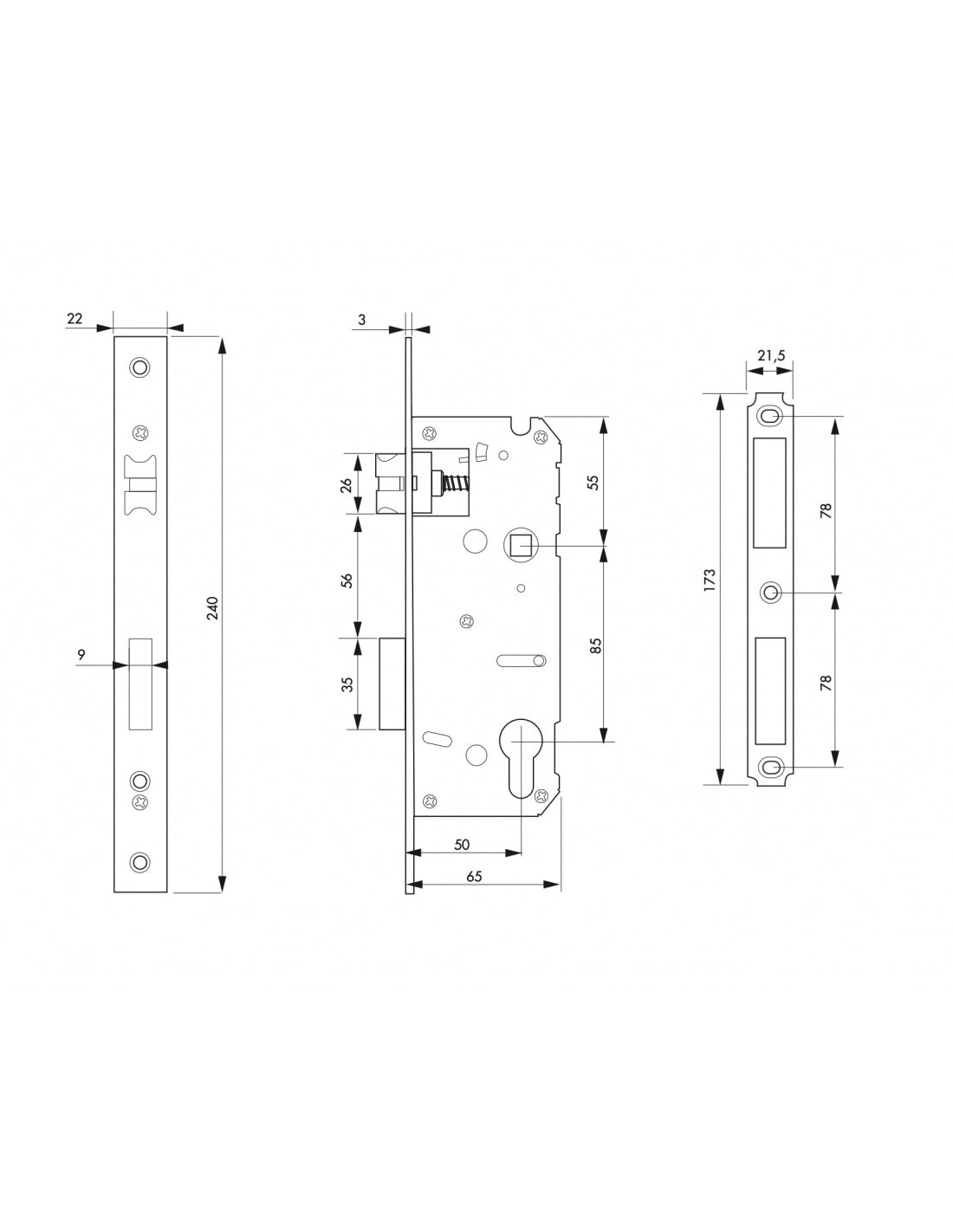 Serratura da incasso a cilindro, acciaio inox, asse 50mm, interasse 85mm, piastra quadra - INTELOCK