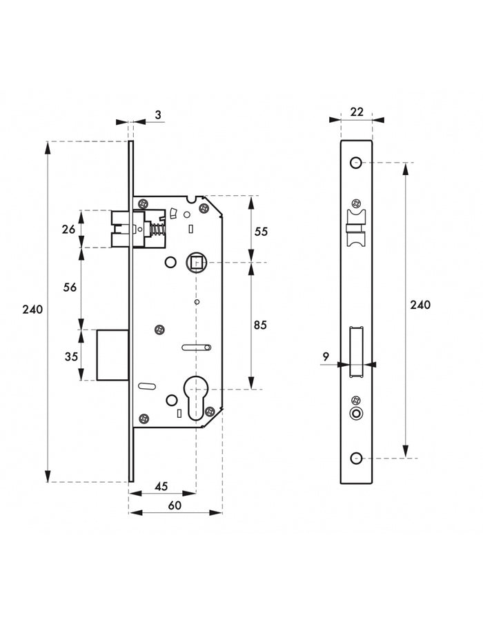 Serratura da incasso a cilindro, acciaio inox, asse 45mm, interasse 85mm, piastra quadra - INTELOCK