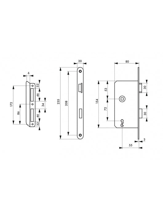 Serratura da incasso Patent Alsace, destra, asse 55mm, piastra tonda, piastra verniciata, 1 chiave - THIRARD