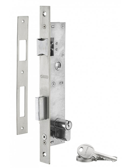 Serratura da incasso con cilindro per infissi in metallo, asse 21mm, L 36, piastra quadra, cilindro 30x30mm, acciaio inossidabile, 3 chiavi - THIRARD