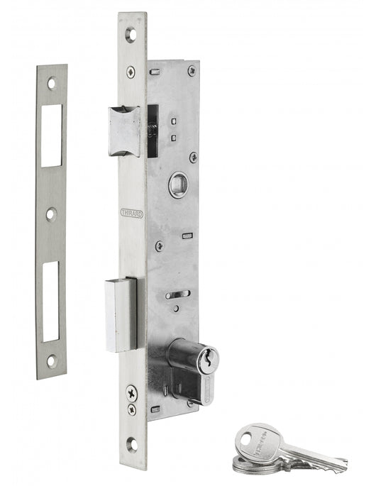 Serratura da incasso con cilindro per infissi in metallo, asse 21mm, L 41, piastra quadra, cilindro 30x30mm, acciaio inossidabile, 3 chiavi - THIRARD