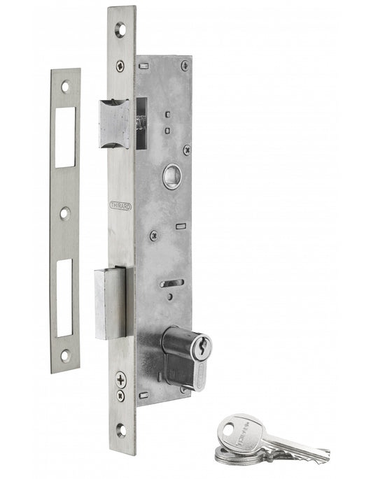 Serratura da incasso con cilindro per infissi in metallo, asse 24mm, L 45, piastra quadra, cilindro 30x30mm, acciaio inossidabile, 3 chiavi - THIRARD
